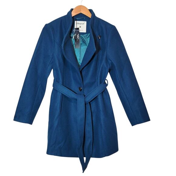 Allegra K Turquoise Blue Belted Single Breasted Trench Coat Mid Length S Chic - Picture 2 of 13